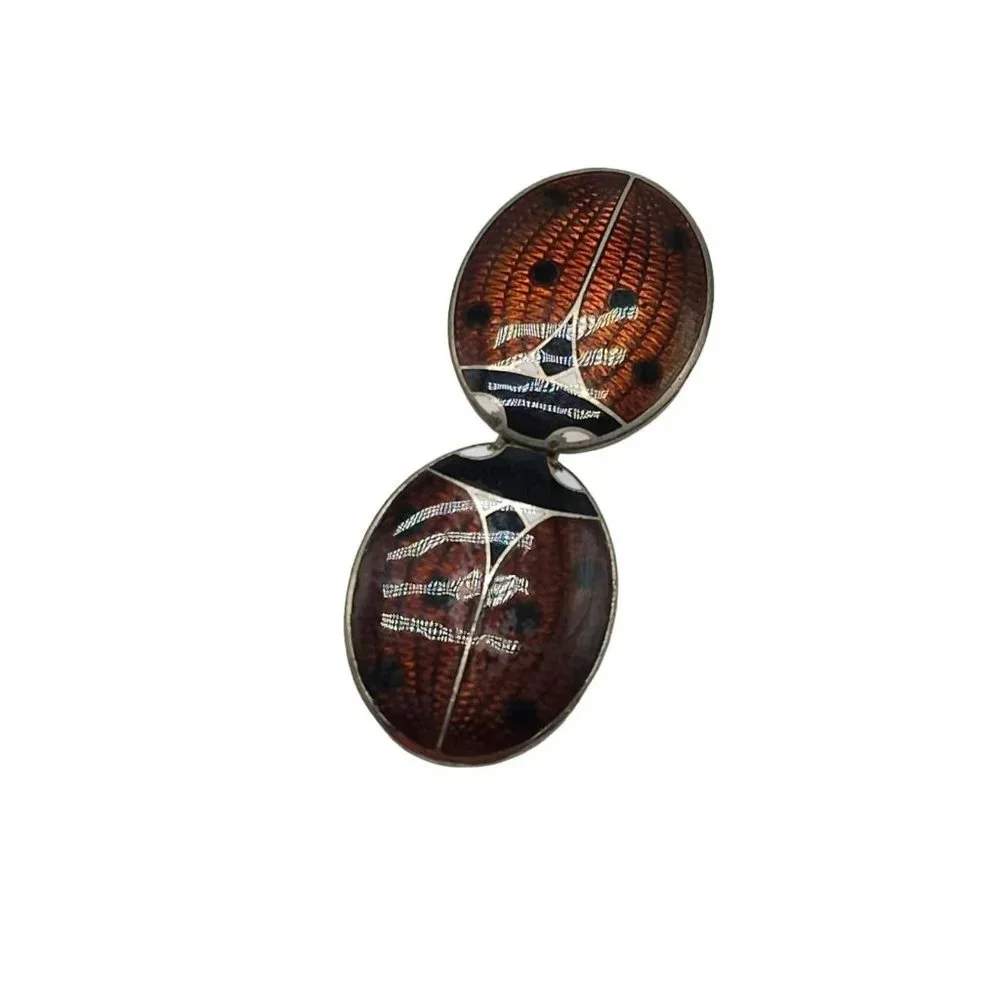 Brown Black Enamel Ladybug Czechoslovakia Belt Buckle Silver Tone Vintage